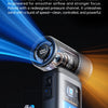 A handheld turbo fan with a rechargeable battery is shown, demonstrating its high-speed airflow and design features.