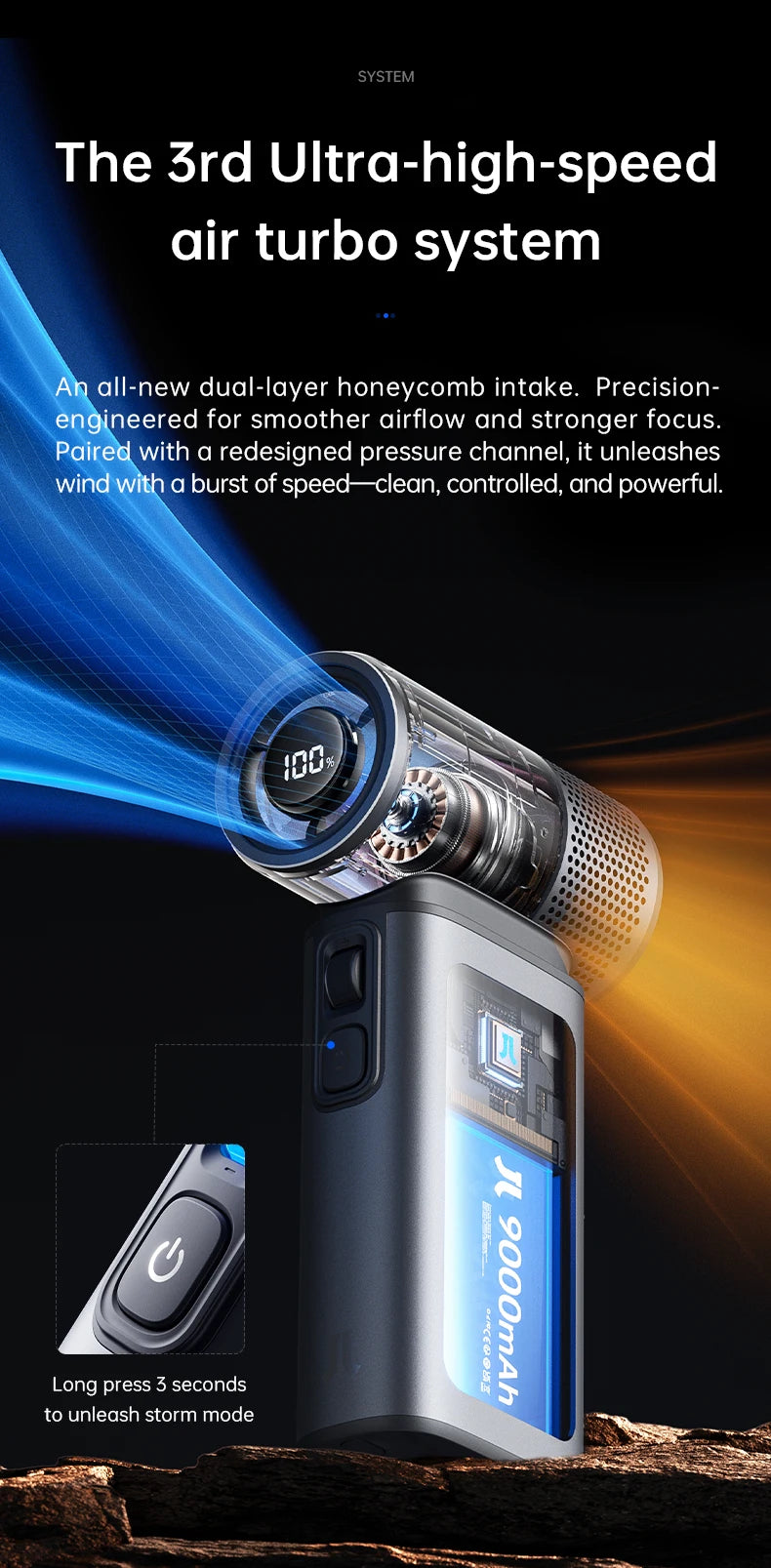 A handheld turbo fan with a rechargeable battery is shown, demonstrating its high-speed airflow and design features.