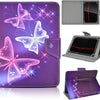 A purple leather folio case for a tablet, featuring a butterfly design and an attached tablet cover.