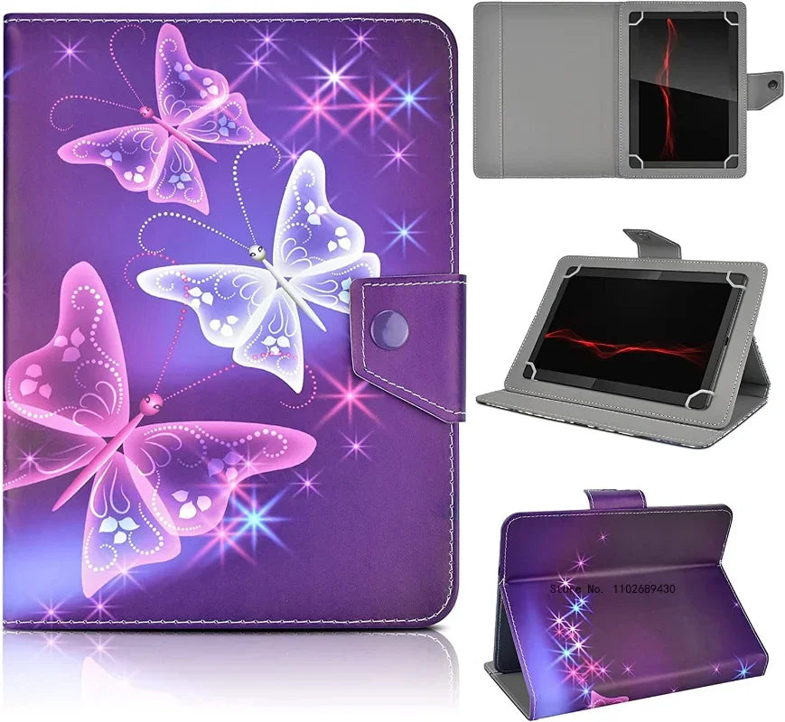 A purple leather folio case for a tablet, featuring a butterfly design and an attached tablet cover.