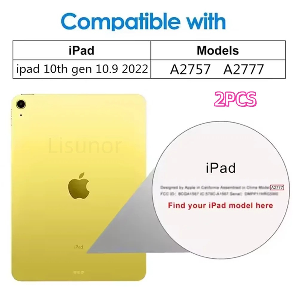A yellow 9H tempered glass screen protector for iPad models A2757 and A2777.