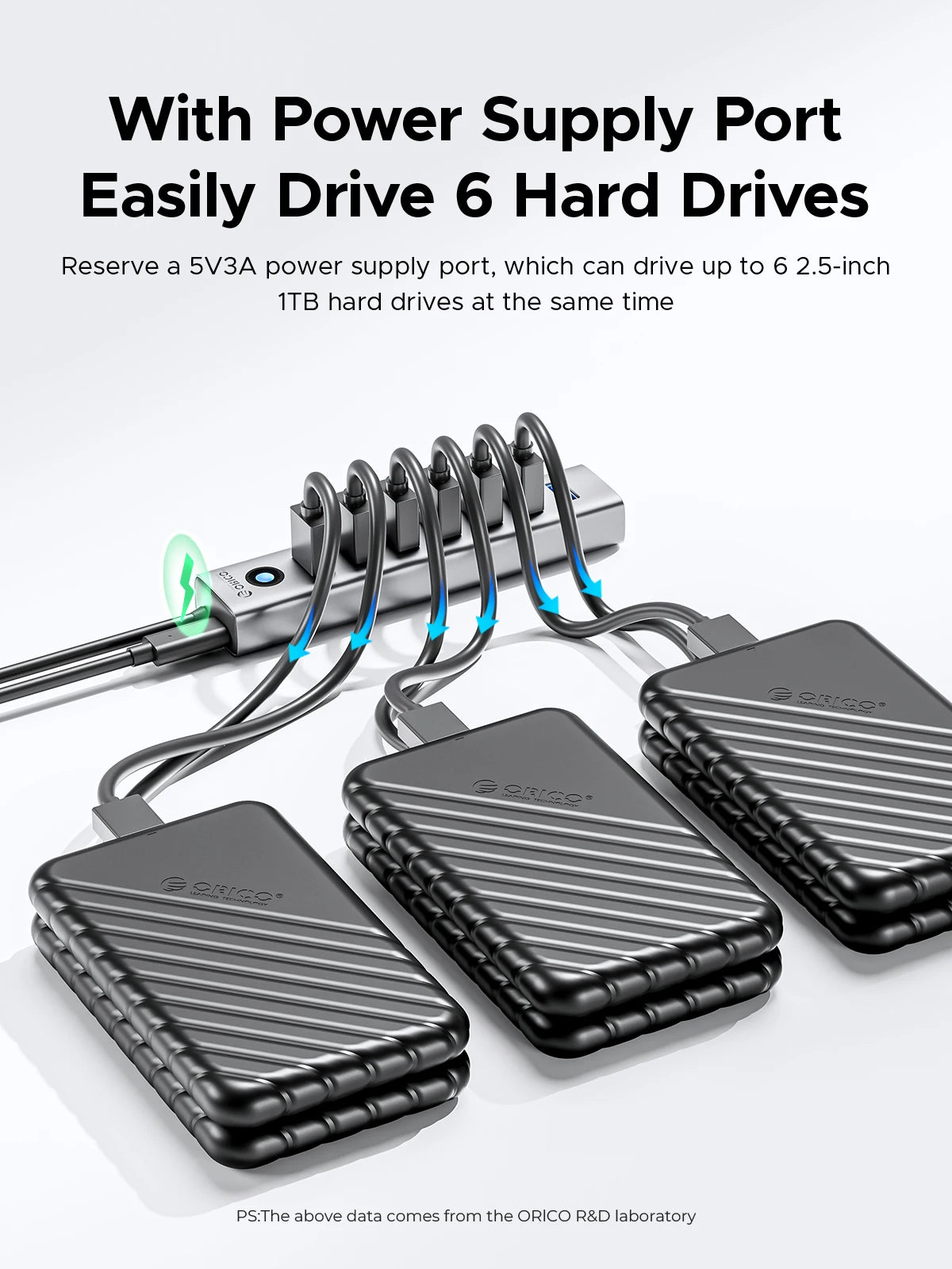 A set of six Orico hard drive enclosures connected to a power supply port for driving 6 hard drives simultaneously.
