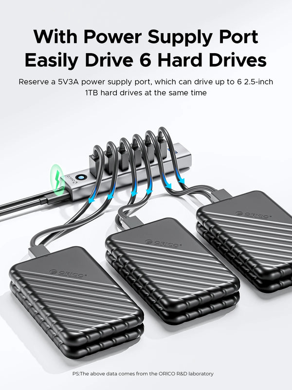 A set of six Orico hard drive enclosures connected to a power supply port for driving 6 hard drives simultaneously.