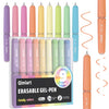 A set of nine colored erasable gel pens in various shades displayed in a box.