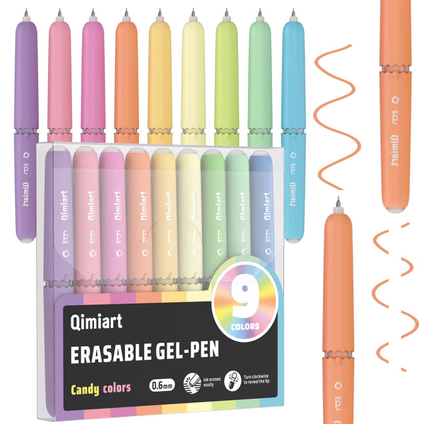 A set of nine colored erasable gel pens in various shades displayed in a box.