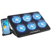 A black laptop cooling pad with multiple blue fan lights and a mounted smartphone.