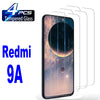 Tempered glass screen protector for Redmi 9A smartphone displayed next to its packaging.