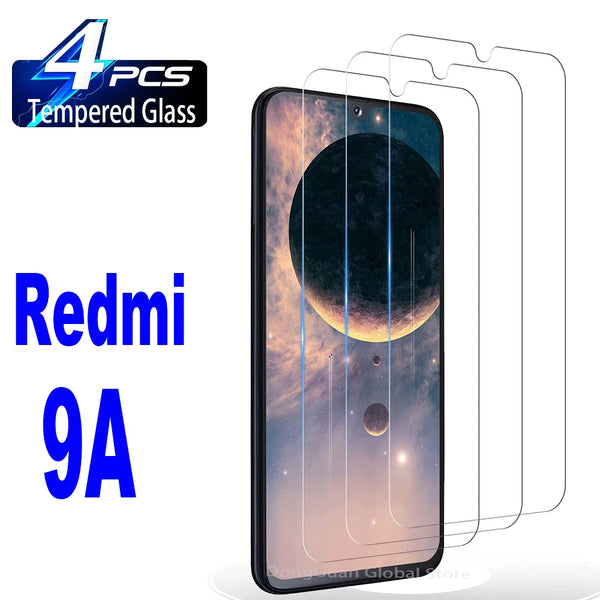 Tempered glass screen protector for Redmi 9A smartphone displayed next to its packaging.
