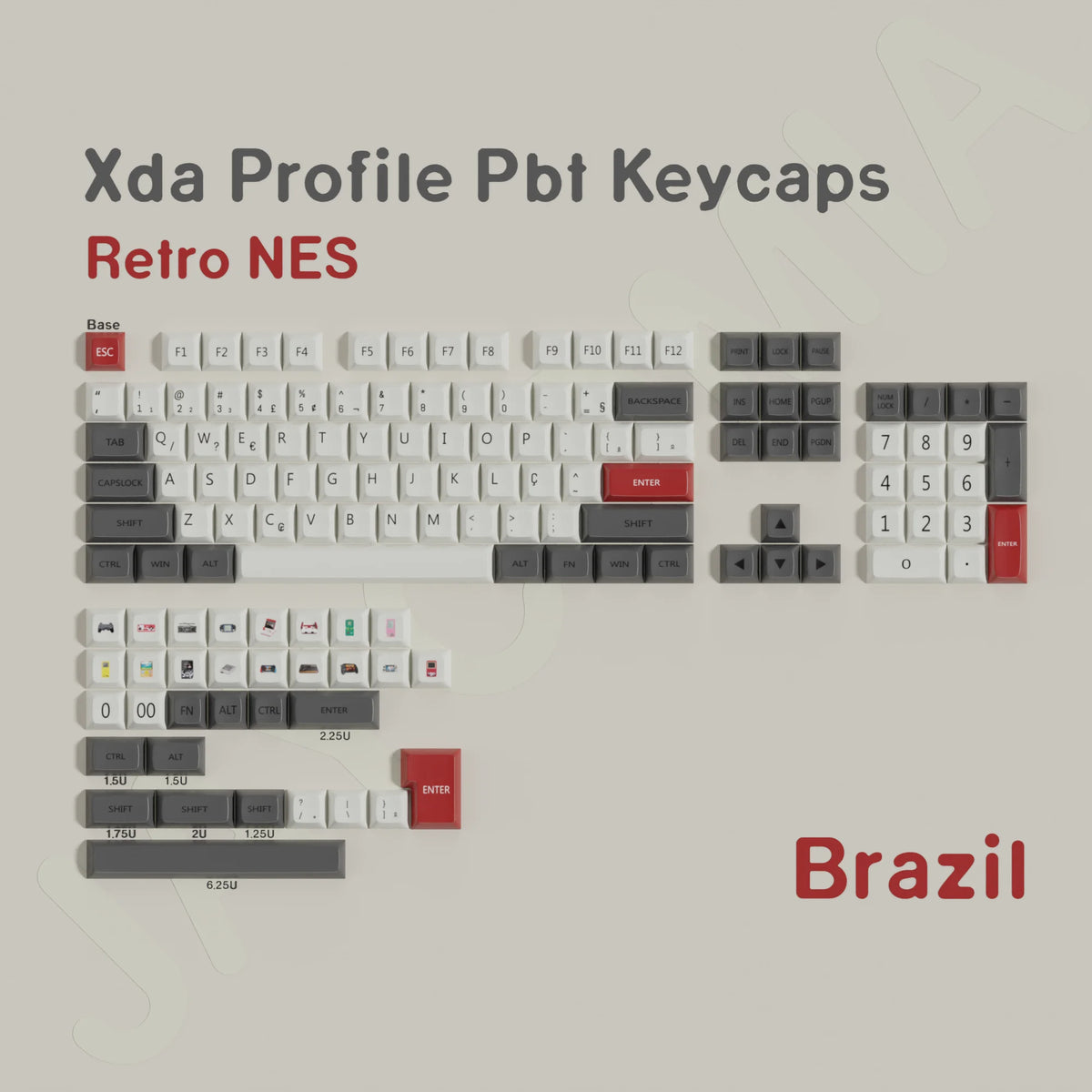 Retro NES style PBT keycaps for mechanical keyboards featuring various keys and layouts.