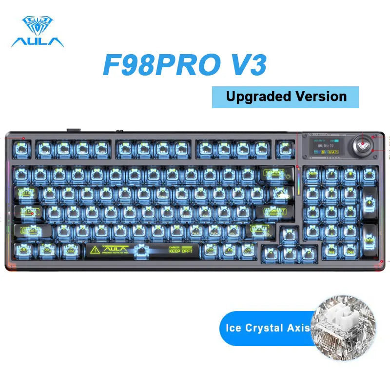 AULA F98 Pro V3 upgraded mechanical keyboard featuring transparent keycaps and RGB lighting.