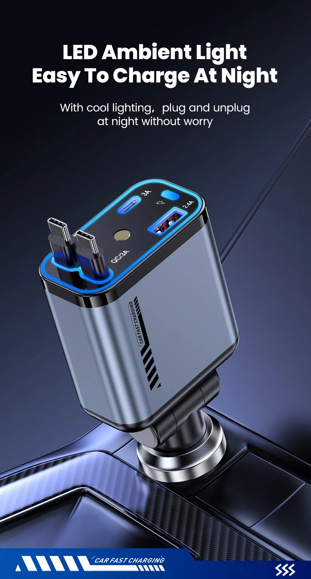 Silberner LED-Ambientbeleuchtungs-Auto-Ladegerät mit USB-C und PD-Schnellladeanschlüssen in eine Fahrzeugsteckdose eingesteck