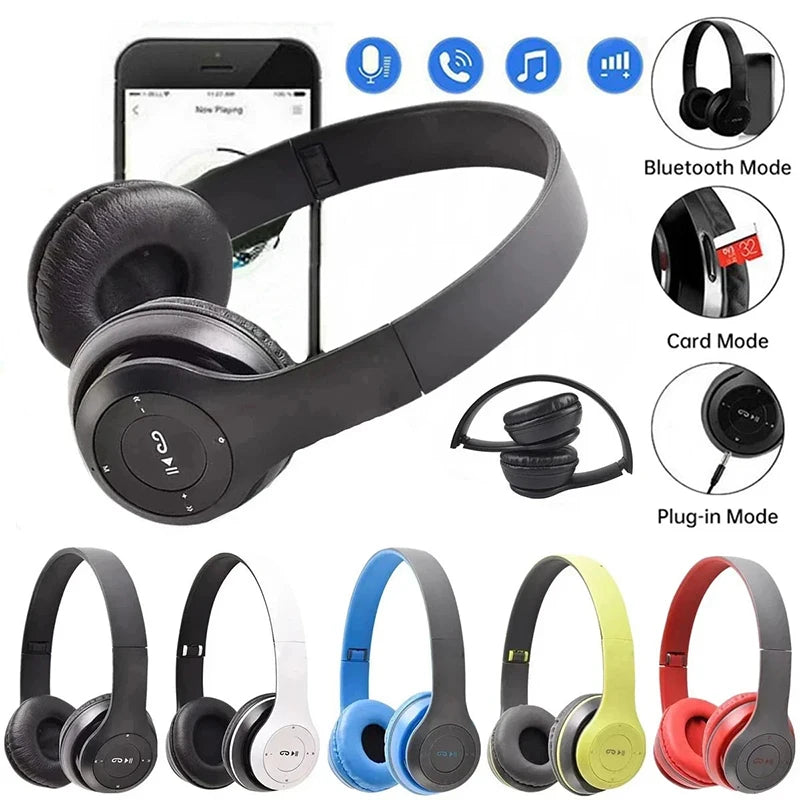 A collection of black wireless over-ear headphones showing various modes and color options.