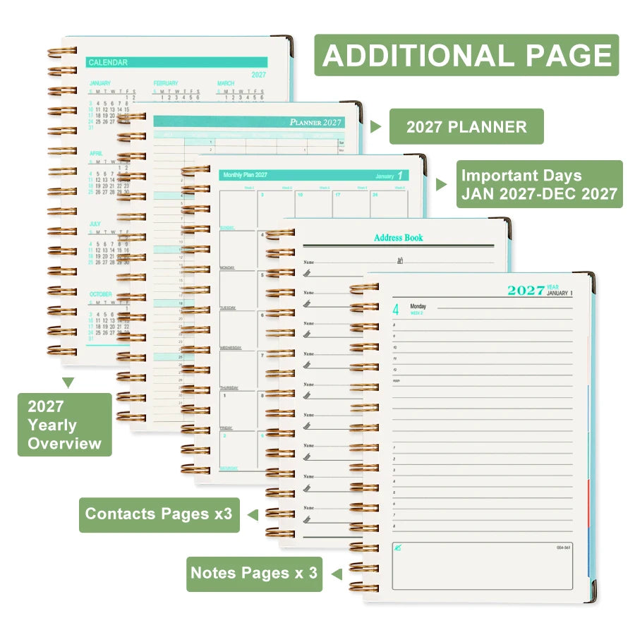 A collection of spiral-bound planner pages including a calendar, planner, address book, and notes pages for 2027.