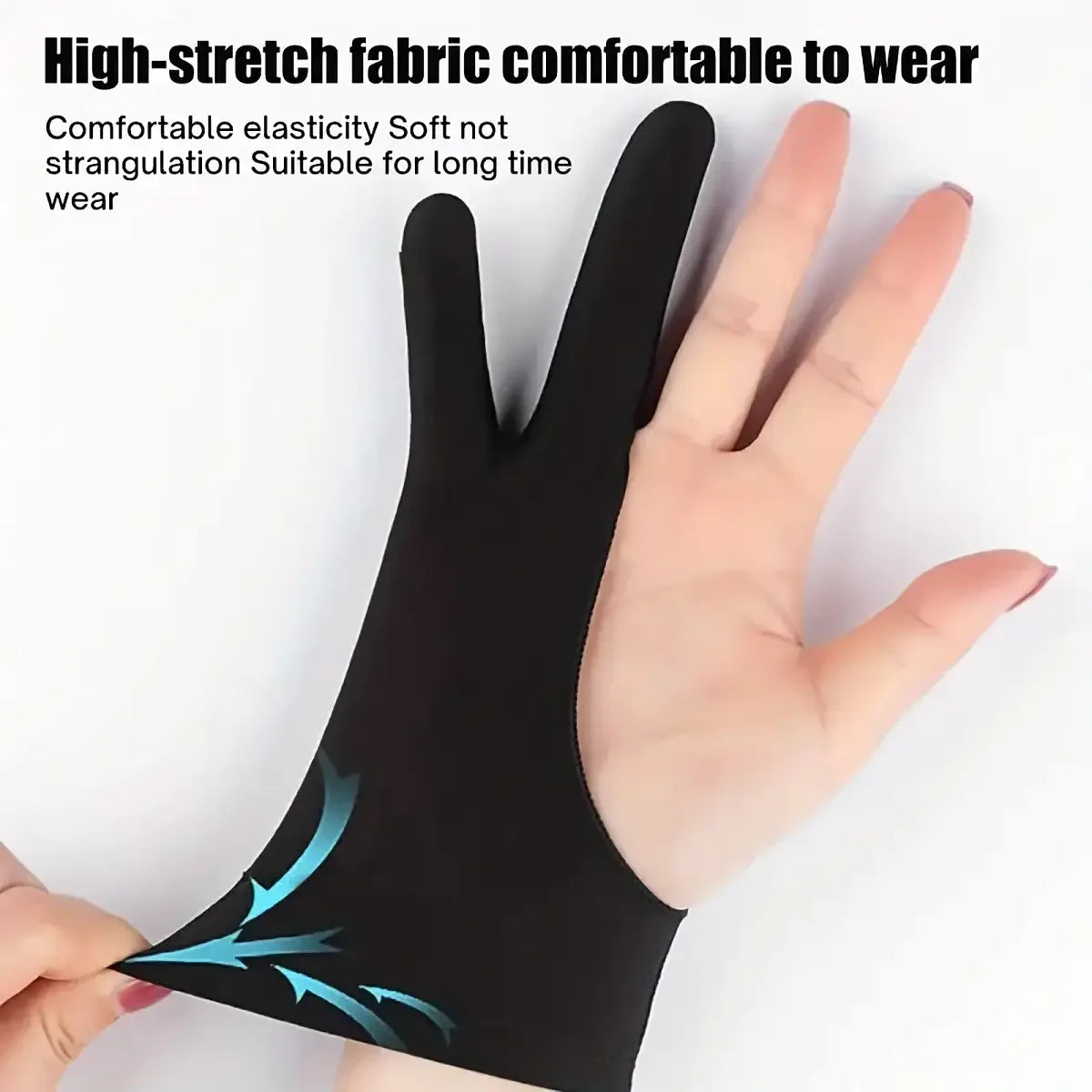 Black anti-smudge drawing gloves shown on a hand, highlighting the fabric and design.
