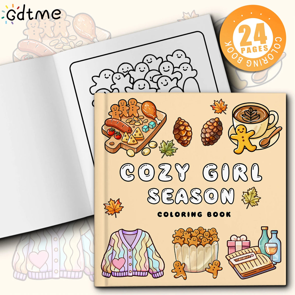 A coloring book featuring illustrations of a cozy girl season, including food items and clothing patterns.