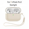 A beige silicone protective case with a green light and a cord for AirPods Pro 3 earbuds.