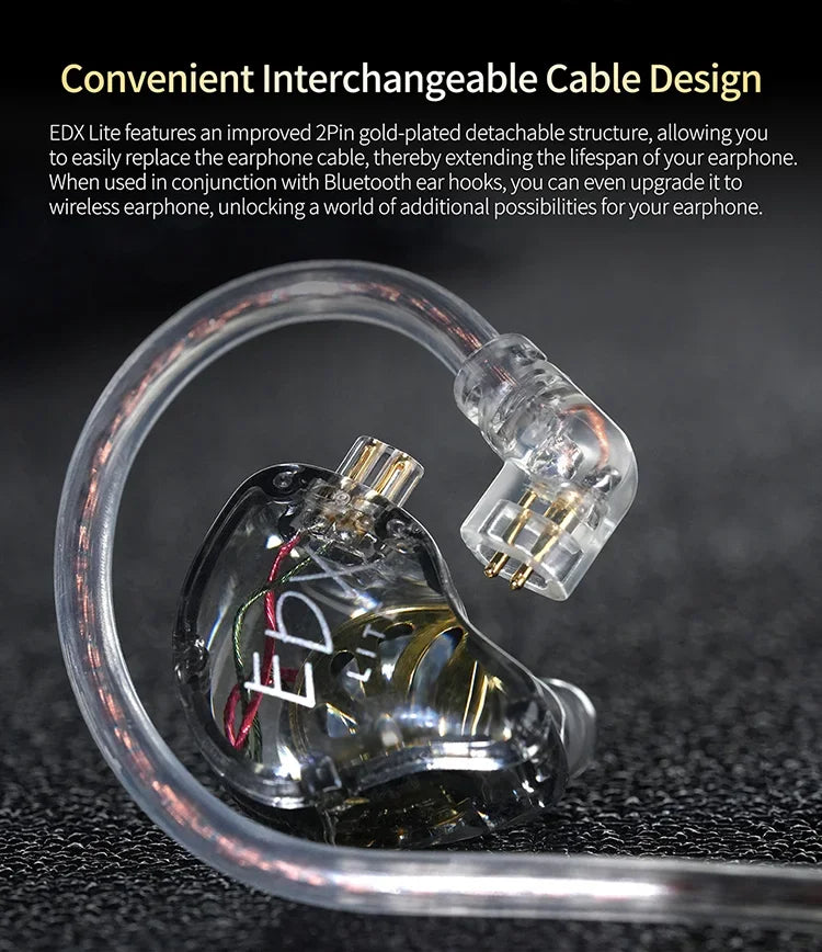 A clear silicone earphone cable and connector assembly for the EDX Lite earphones.