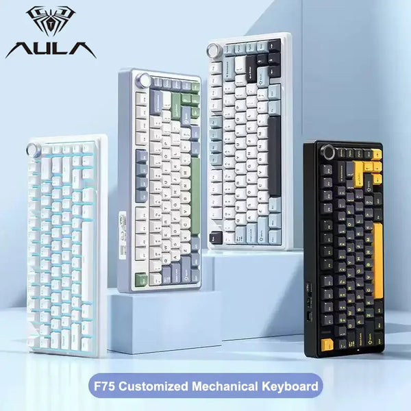 A white AULA F75 customized mechanical keyboard shown with various switch options and keycaps.