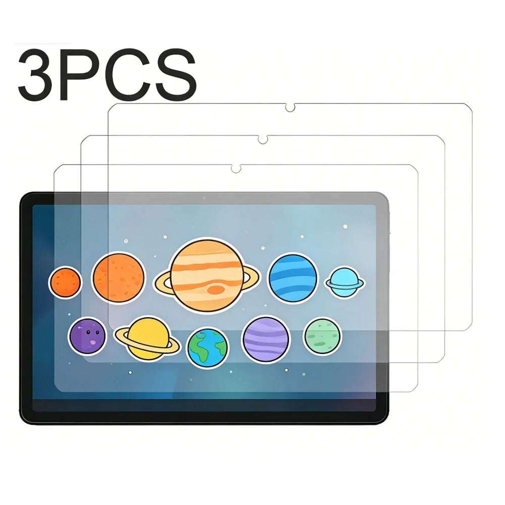 Three tempered glass screen protectors for an Amazon Fire HD tablet showing various planets and celestial bodies.