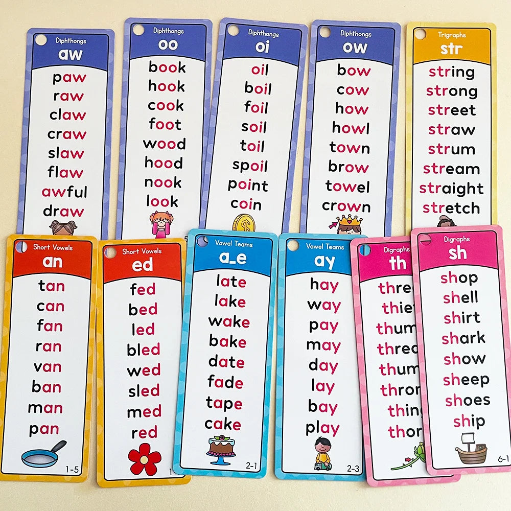 Set englischer Phonics-Karteikarten mit Vokal- und Konsonantenkombinationen für Kinder
