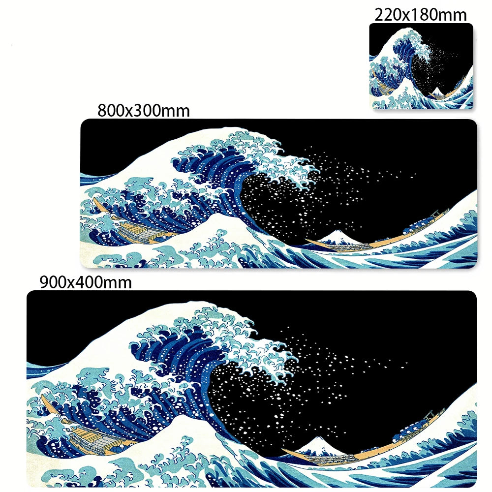 A watercolor illustration of The Great Wave of Kanagawa on a black background.