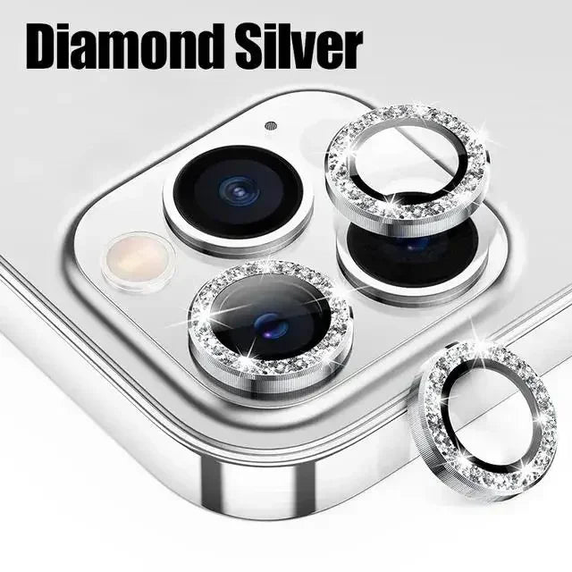 Diamant-Silber-Glas-Displayschutz für iPhone mit verschiedenen Linsen- und Ring-Anhängern