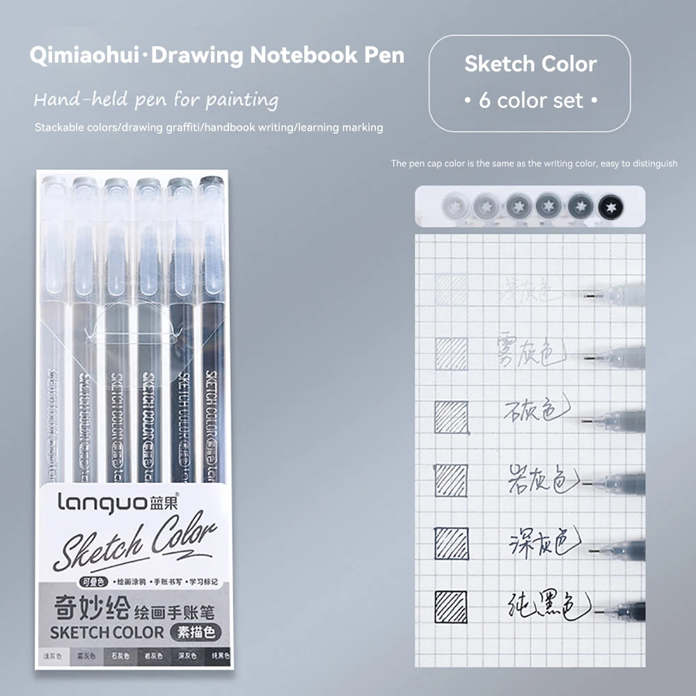 A set of six colored drawing pens and a grid paper sheet for sketching and art