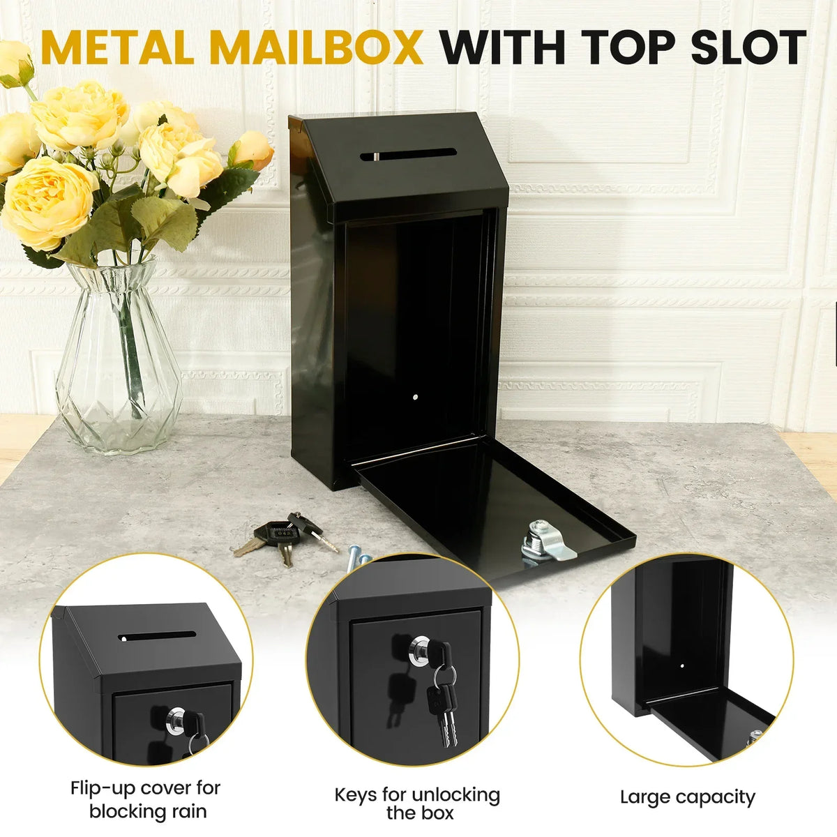 A black metal mailbox with a top slot is shown, demonstrating its flip-up cover, key lock mechanism, and large capacity.