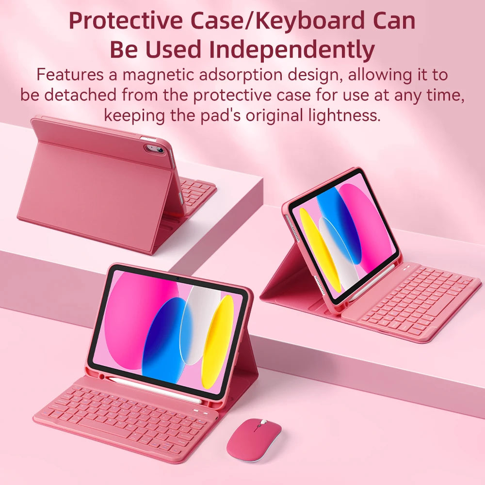 A pink universal slim protective case with an integrated keyboard is shown alongside a detached pad and a mouse.