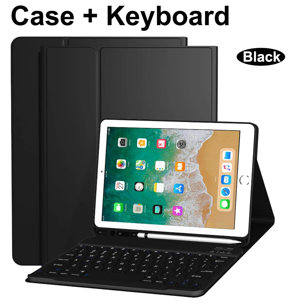 Black Bluetooth keyboard case for an iPad, showing the tablet and keyboard together.