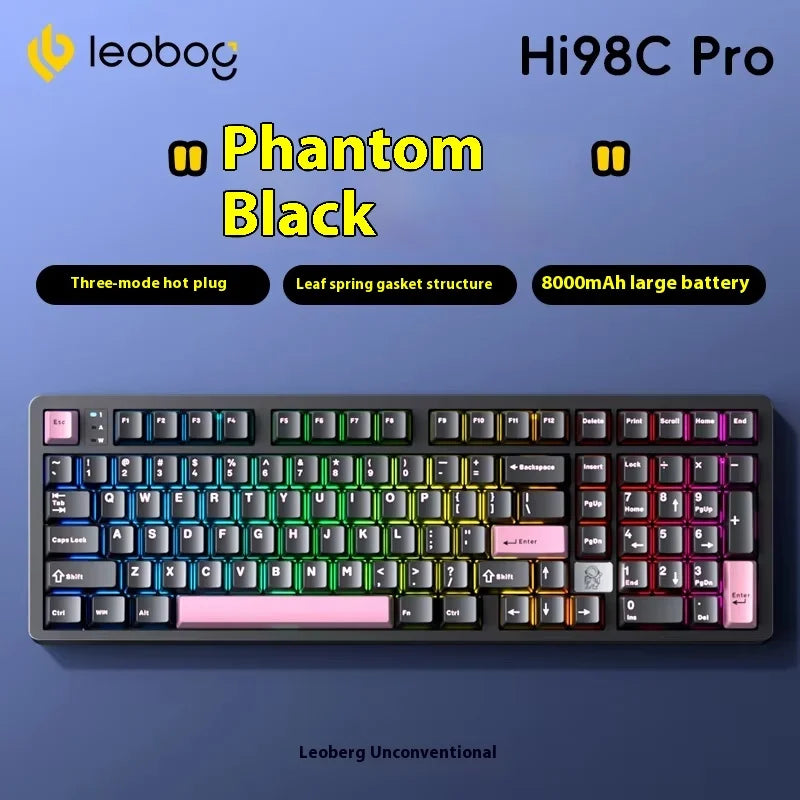 A close-up view of the Phantom Black Hi98C Pro mechanical Bluetooth wireless keyboard with a large battery.