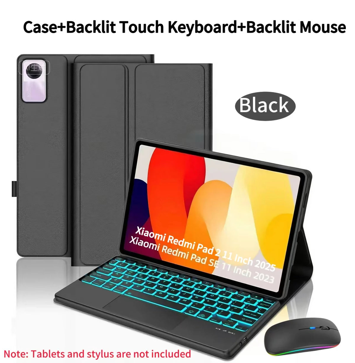 Black Case+Backlit Touch Keyboard+Backlit Mouse set for Xiaomi Redmi Pad 2 and SE