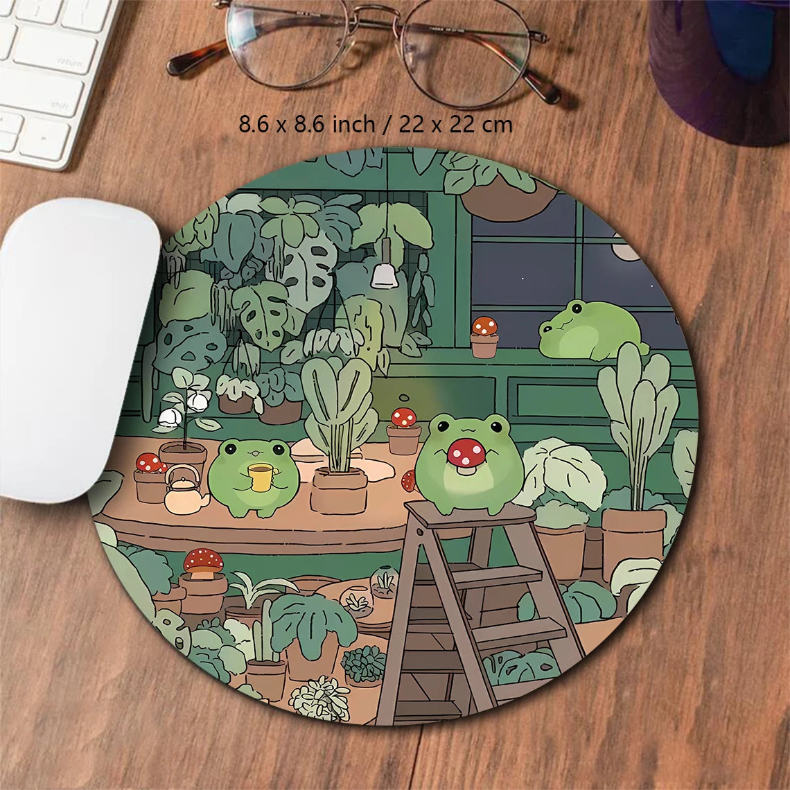 A circular desk mat featuring a cute green frog surrounded by various potted plants and greenery.