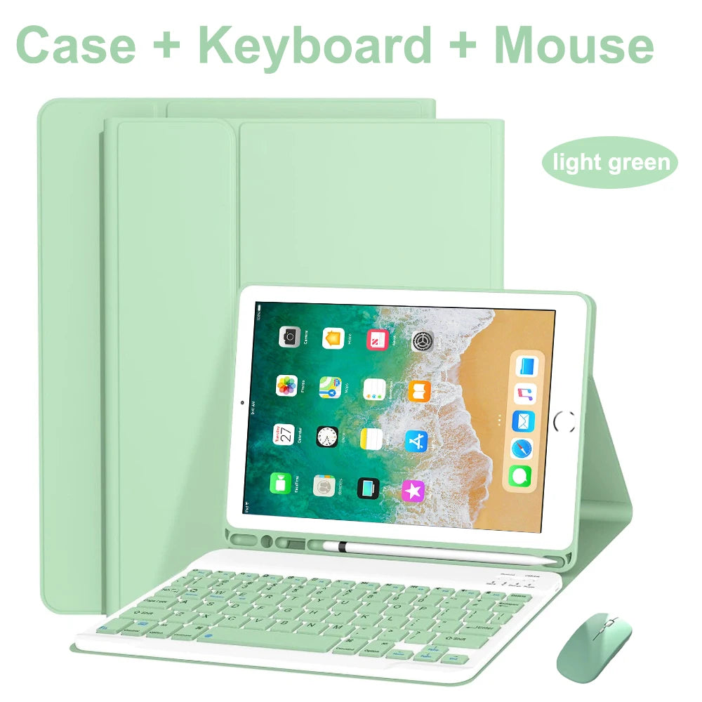 A light green Bluetooth keyboard case for an iPad, showing the case, keyboard, and mouse.