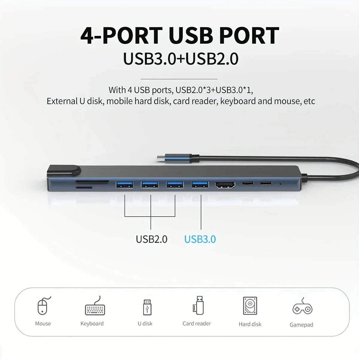 A blue multi-port USB docking hub featuring four ports including USB 2.0 and USB 3.0 for various peripherals.