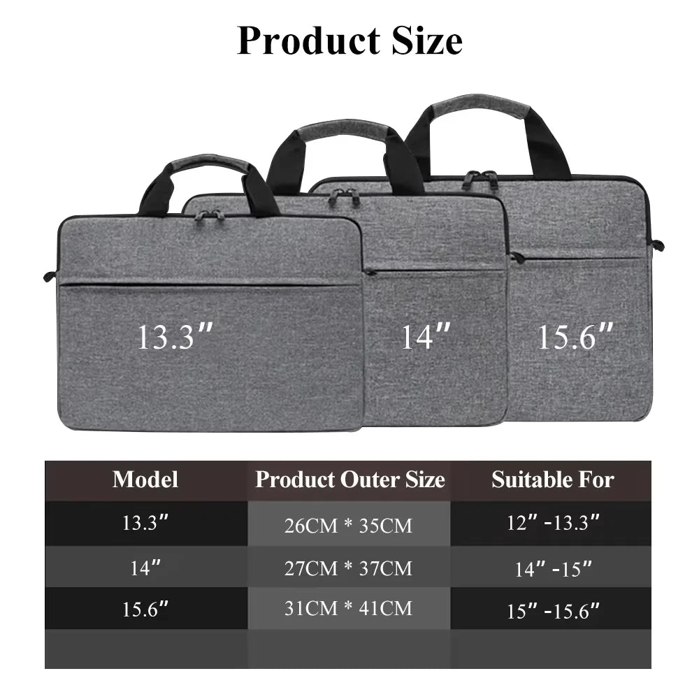 Gray nylon laptop tote bags in sizes 13.3, 14, and 15.6 inches shown with corresponding dimensions.