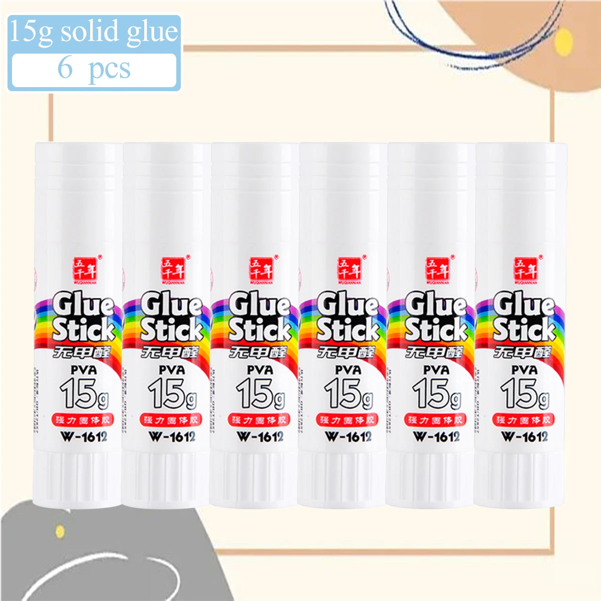 Six packs of 15g solid glue sticks in various colors and packaging for craft projects