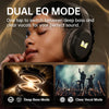 Close-up of a person wearing Dual EQ Mode headphones, demonstrating switching between deep bass and clear vocals modes.