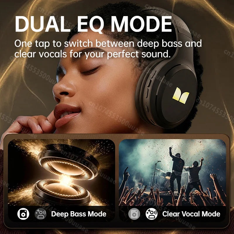 Close-up of a person wearing Dual EQ Mode headphones, demonstrating switching between deep bass and clear vocals modes.