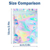 Size comparison showing a holographic resealable mylar bag with a clear front window, measuring 10cm by 6cm.