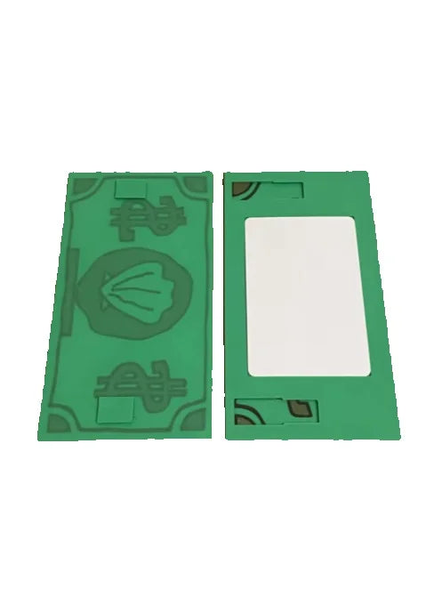 A pair of green 3D printed shell card holders with NFC tap-to-pay protection features are shown side by side.