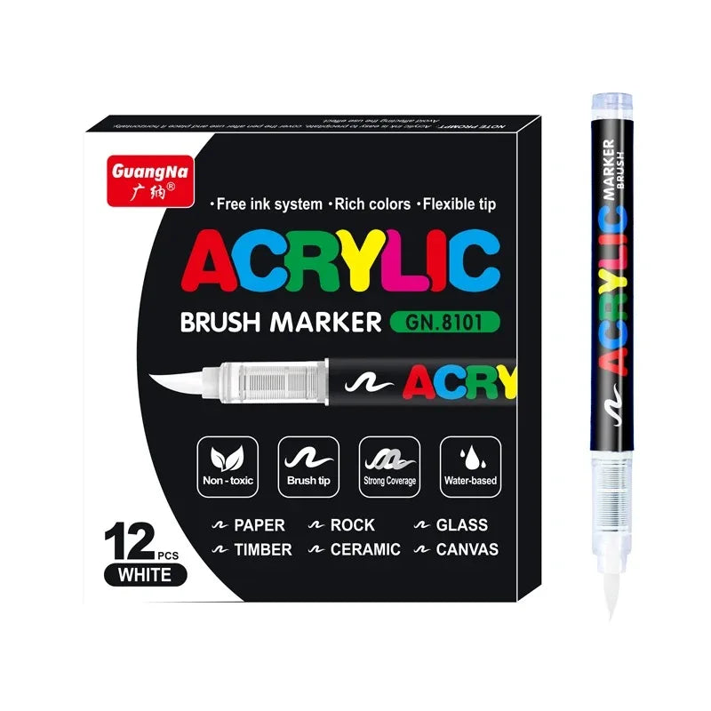 A set of black acrylic brush markers with various colors and tips packaged in a box.