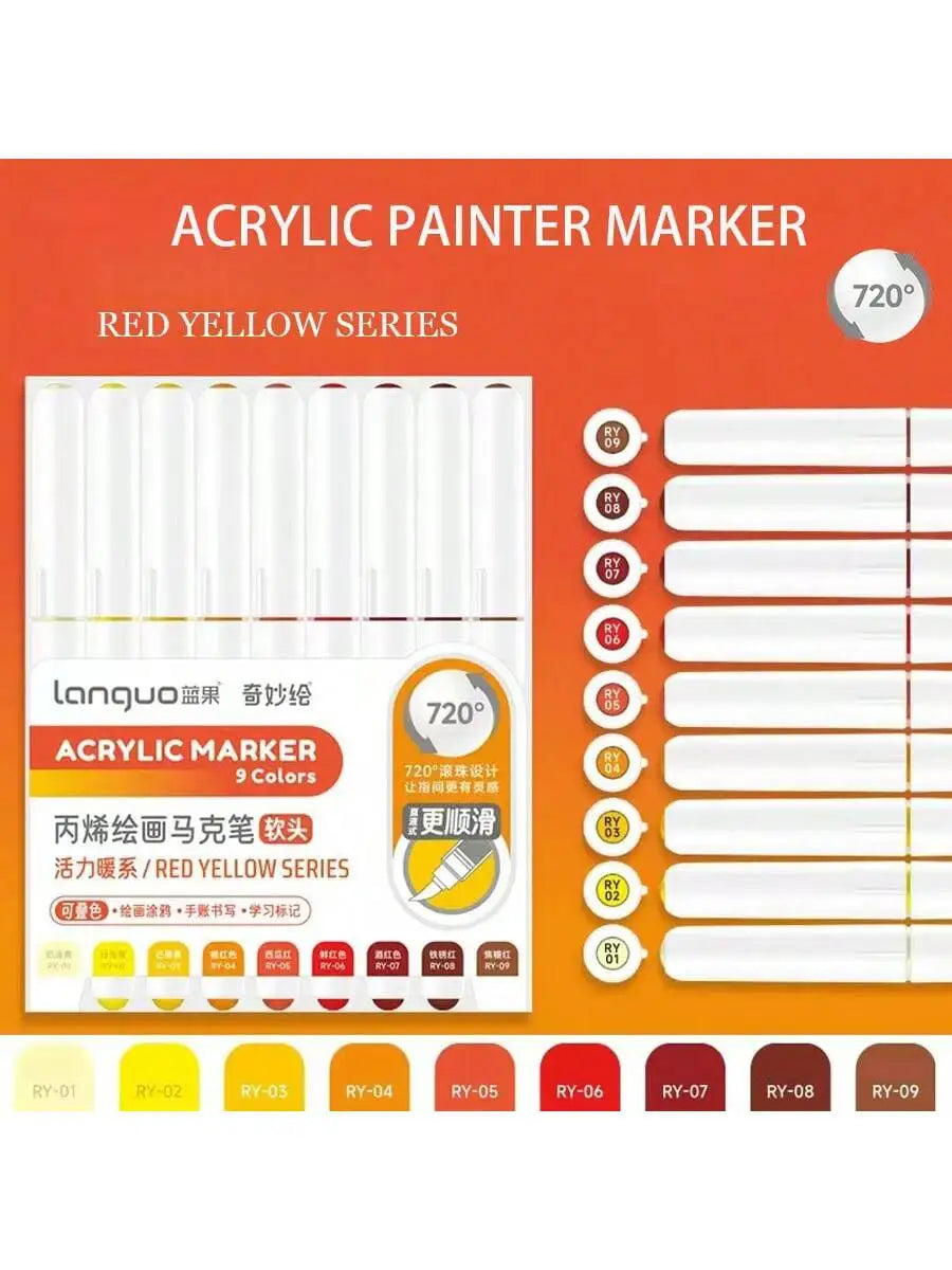 A set of 9 colored acrylic paint markers in the red yellow series for drawing and art