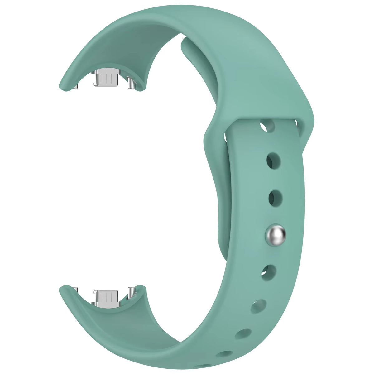 A light mint green silicone replacement strap for a Mi Band watch, shown in a curved shape.