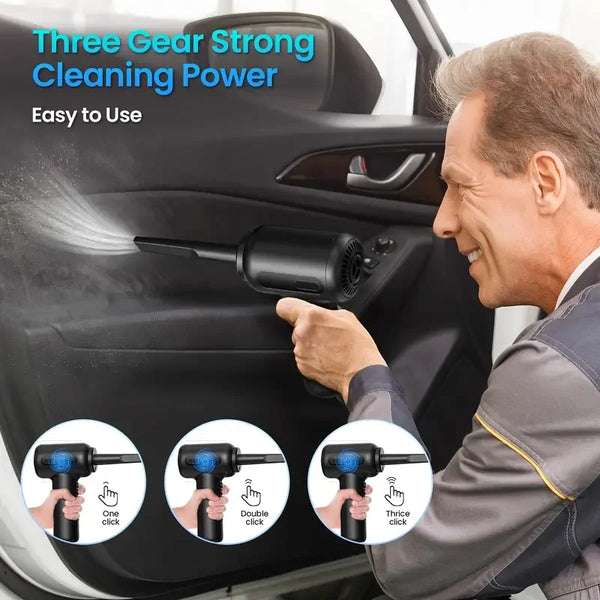 A man is using a three-gear strong cleaning power tool to clean the interior of a car