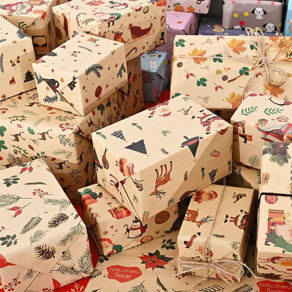 A collection of Christmas wrapping paper featuring Santa and tree designs in various patterns.