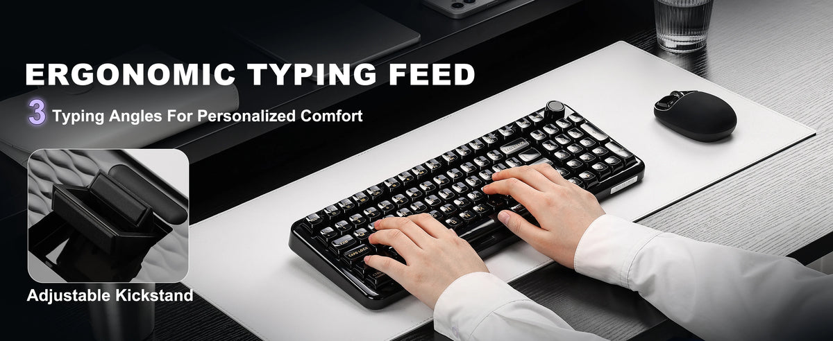 A hand is using an ergonomic typing feed accessory on a black mechanical keyboard for personalized comfort.