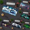 A collection of JDM car design artwork featuring various sports cars and racing scenes on a mouse pad.
