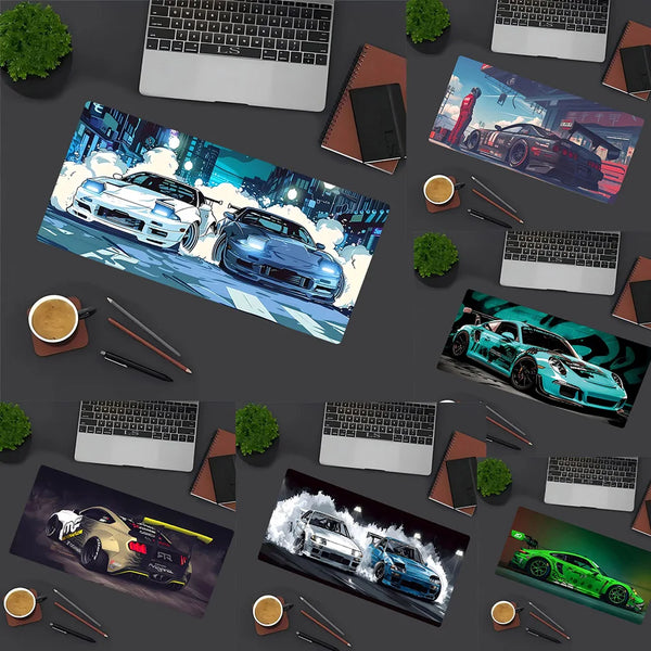 A collection of JDM car design artwork featuring various sports cars and racing scenes on a mouse pad.