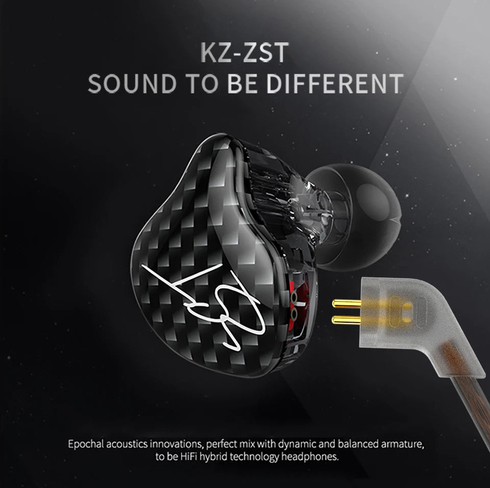 KZ ZST sound to be different headphones shown with a gold connector and acoustic design.